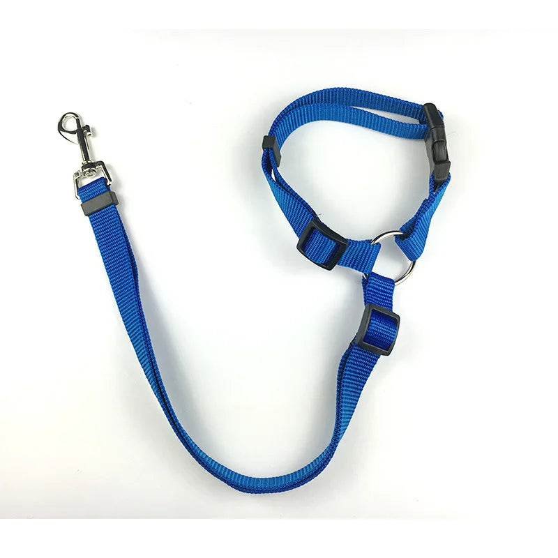 Two-in-one Nylon Adjustable Dogs Harness Collar Pet dog Accessories Pet Car Seat Belt Lead Leash Backseat Safety Belt - Color: CWQY-11-Blue